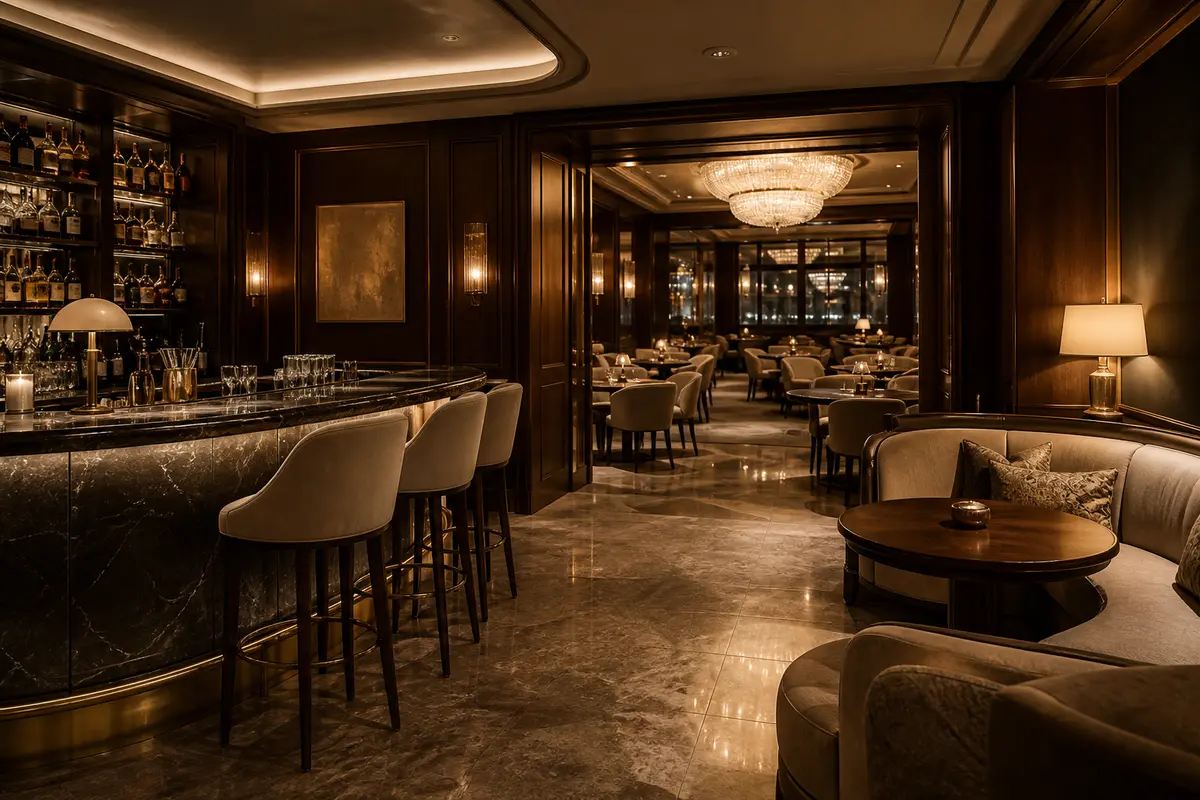 Meleg fényű, sötét fa burkolatú lounge és éttermi tér